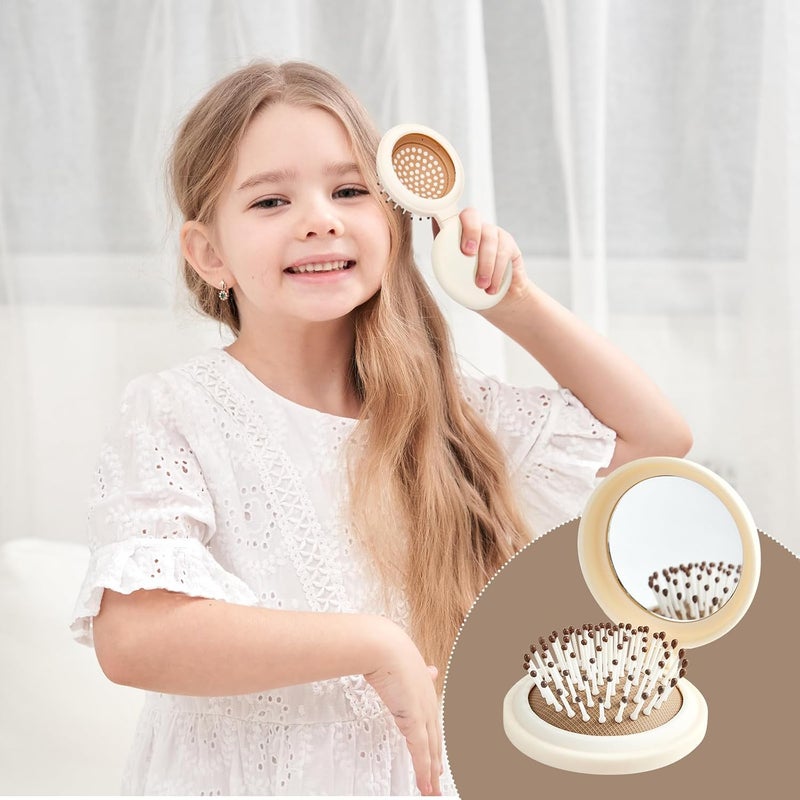 RHOS Compact Foldable Hair Brush with Mirror for Women, Men & Kids - Small Pocket & Portable Travel Brush (Beige) - Image 5